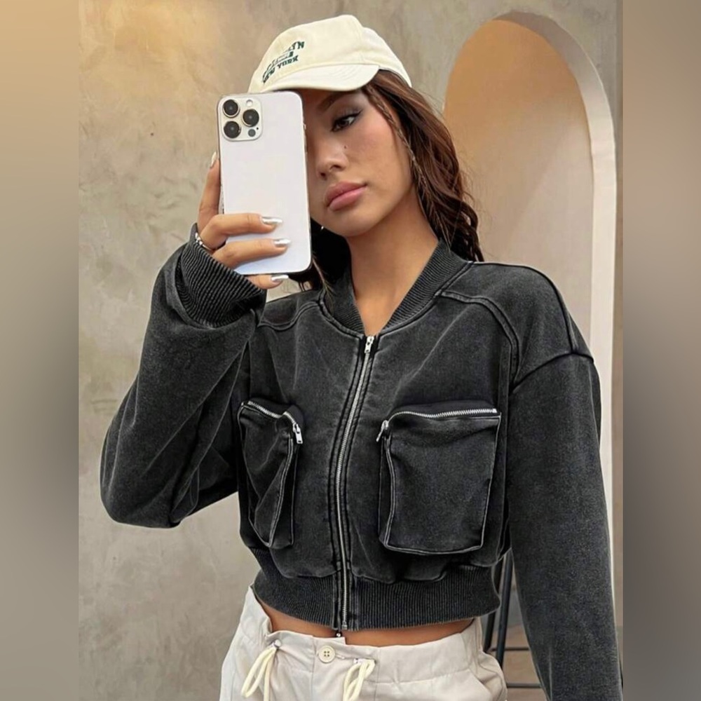 SHEIN | Dark gray Coolane Top-stitching Drop Shoulder Zip Up Crop bomber Size L